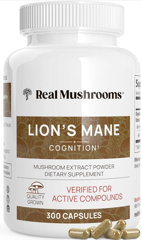 Real Mushrooms Lion’s Mane Capsules - Organic Lions Mane Mushroom Extract for Cognitive Function Immune Support - Brain Mushroom Supplements for Memory and Focus - Vegan, 300 Caps