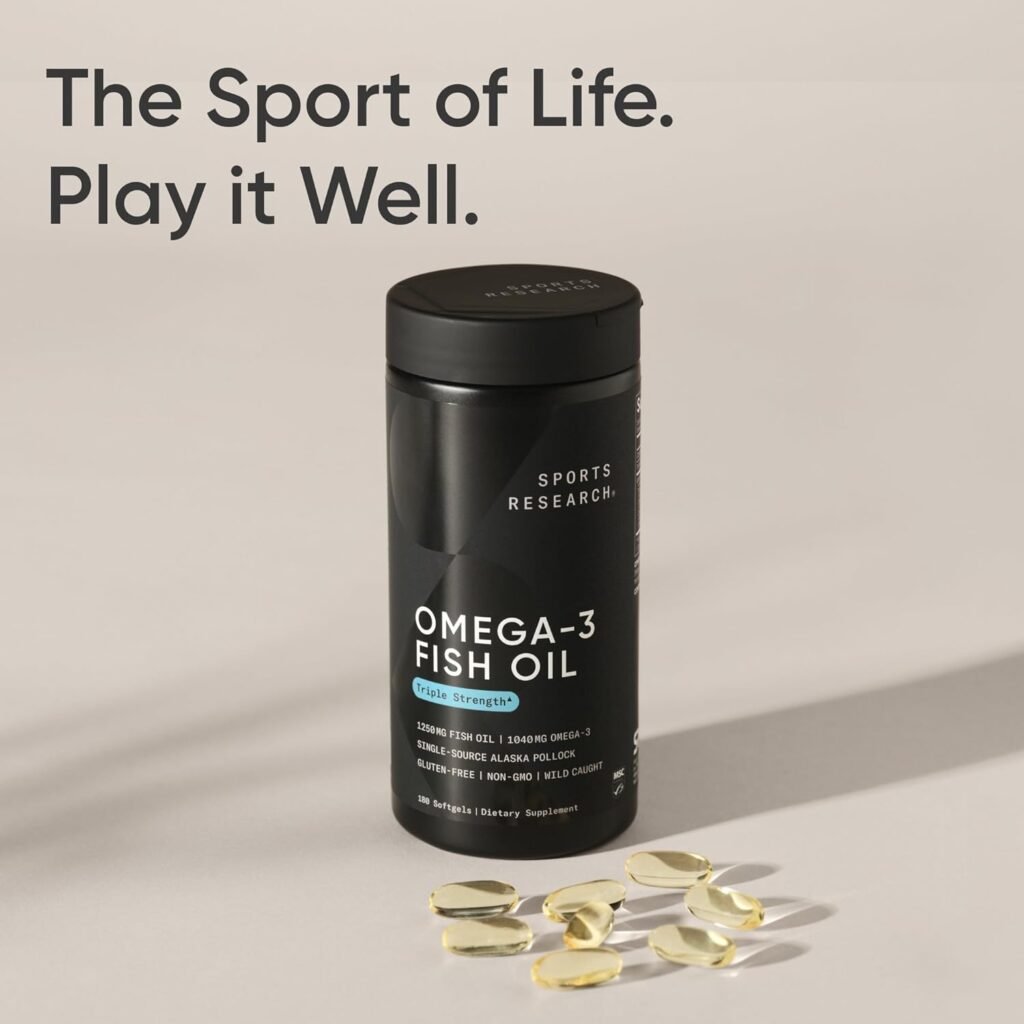 Sports Research Triple Strength Omega 3 Fish Oil 1250mg from Wild Alaska Pollock - Burpless Fish Oil Supplement with Omega3s EPA  DHA - Sustainably Sourced, Non-GMO, Gluten Free - 30 Softgels