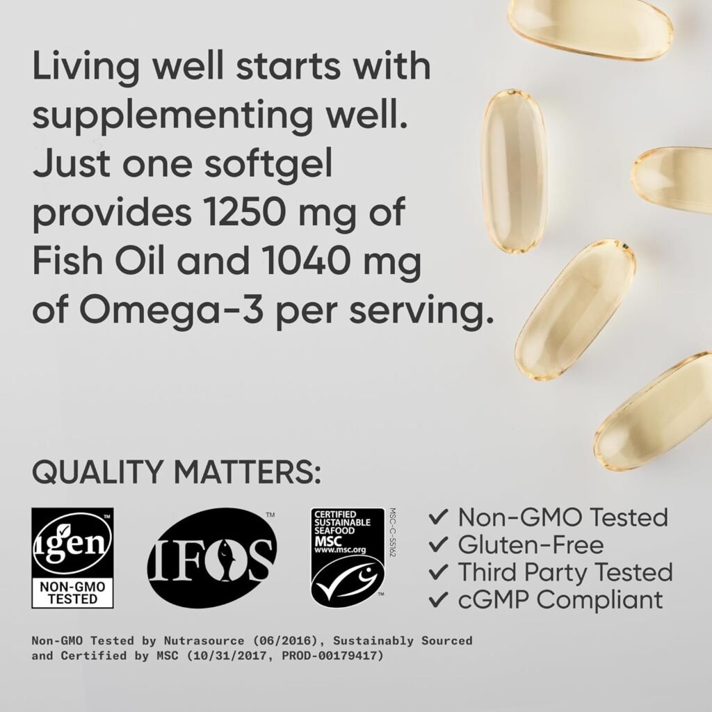 Sports Research Triple Strength Omega 3 Fish Oil 1250mg from Wild Alaska Pollock - Burpless Fish Oil Supplement with Omega3s EPA  DHA - Sustainably Sourced, Non-GMO, Gluten Free - 30 Softgels