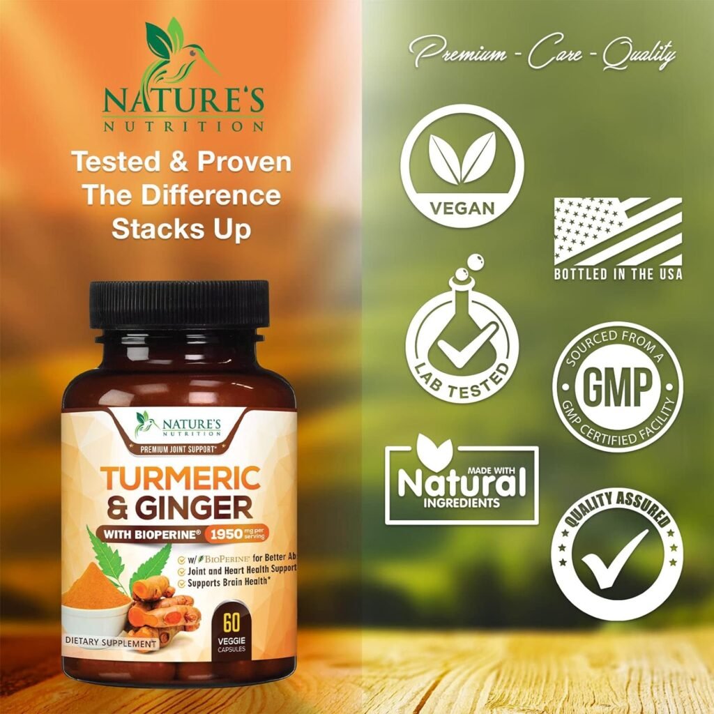 Turmeric Curcumin with BioPerine  Ginger 95% Standardized Curcuminoids 1950mg Black Pepper for Max Absorption Joint Support, Natures Tumeric Herbal Extract Supplement, Vegan, Non-GMO - 240 Capsules