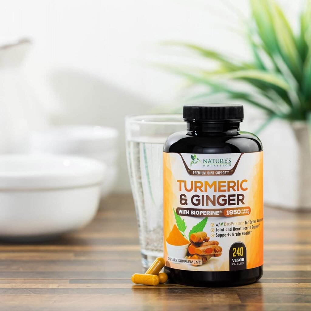 Turmeric Curcumin with BioPerine  Ginger 95% Standardized Curcuminoids 1950mg Black Pepper for Max Absorption Joint Support, Natures Tumeric Herbal Extract Supplement, Vegan, Non-GMO - 240 Capsules