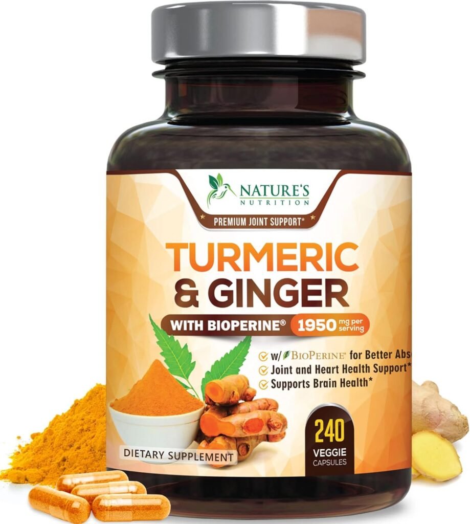 Turmeric Curcumin with BioPerine  Ginger 95% Standardized Curcuminoids 1950mg Black Pepper for Max Absorption Joint Support, Natures Tumeric Herbal Extract Supplement, Vegan, Non-GMO - 240 Capsules