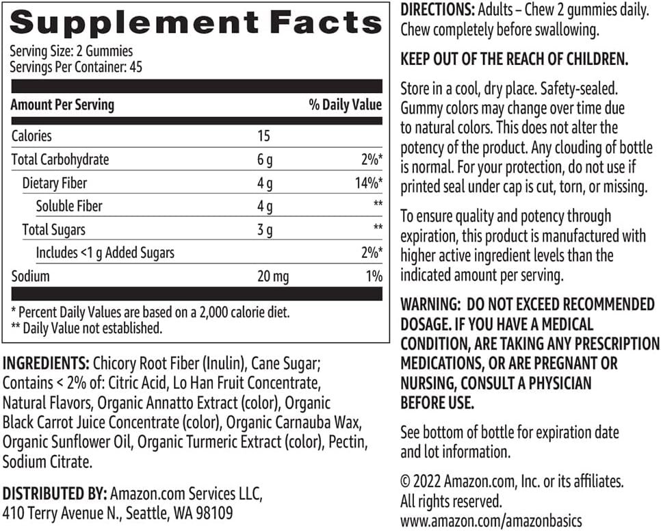 Amazon Basics (previously Solimo) Fiber 4g Gummy - Digestive Health, Supports Regularity, Orange, Lemon  Strawberry, 90 Gummies (2 per Serving)
