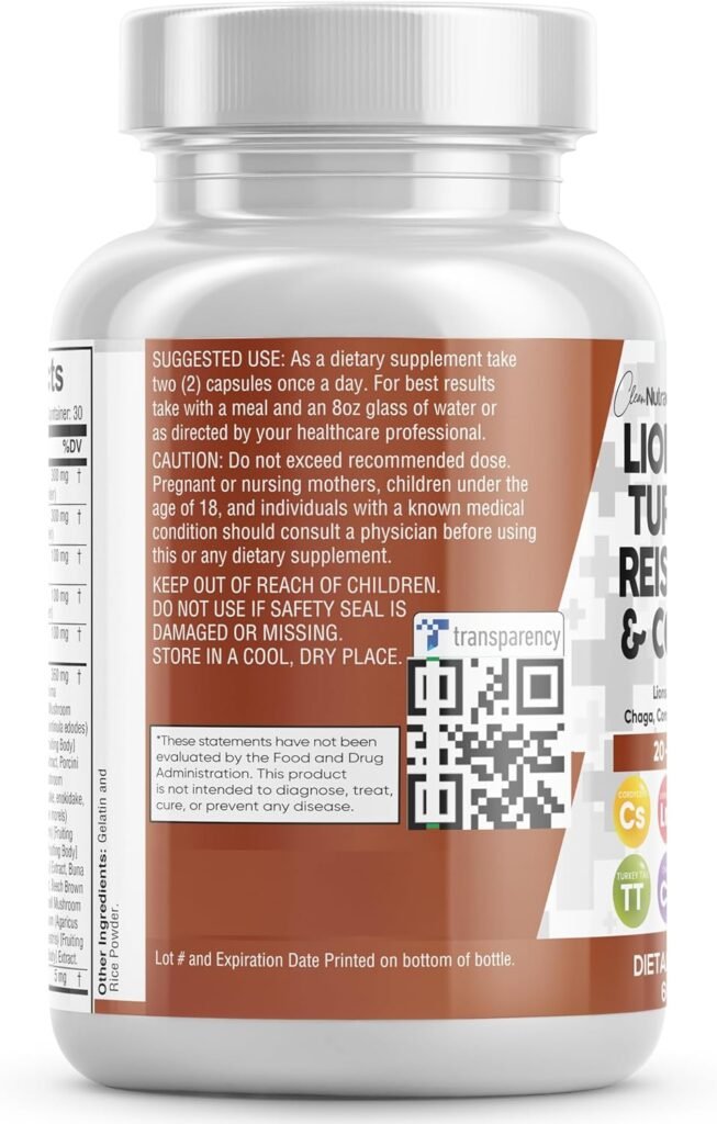 Clean Nutraceuticals Lions Mane 3000mg 20in1 Mushroom Supplement with Turkey Tail 2000mg Reishi 1000mg Cordyceps Chaga 1000mg Maitake Meshima Poria Cocos Shiitake Oyster Porcini Enoki 60 Count
