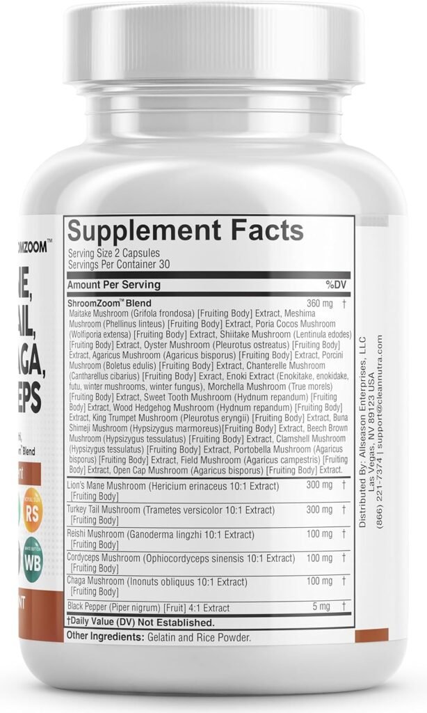 Clean Nutraceuticals Lions Mane 3000mg 20in1 Mushroom Supplement with Turkey Tail 2000mg Reishi 1000mg Cordyceps Chaga 1000mg Maitake Meshima Poria Cocos Shiitake Oyster Porcini Enoki 60 Count