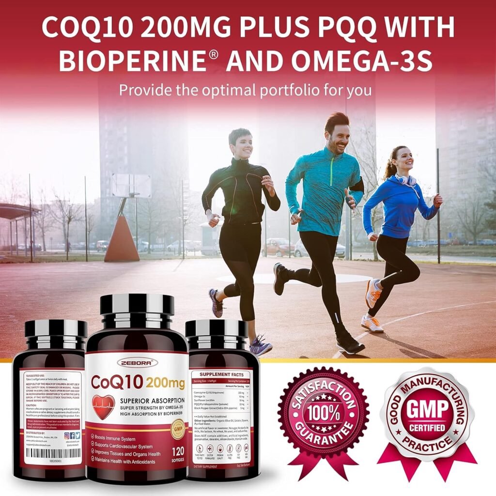 CoQ10-200mg-Softgels with PQQ, BioPerine  Omega-3, 120 Servings Coenzyme Q10(Ubiquinone) Supplement for High-Absorption, Powerful-Antioxidant, Support Heart  Energy-Production