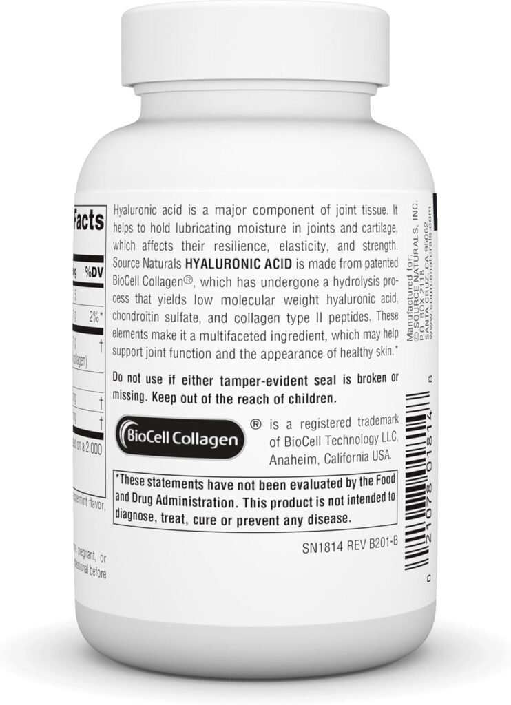 Source Naturals Hyaluronic Acid, Promotes Healthy Joints and Skin*, 100mg - 60 Tablets