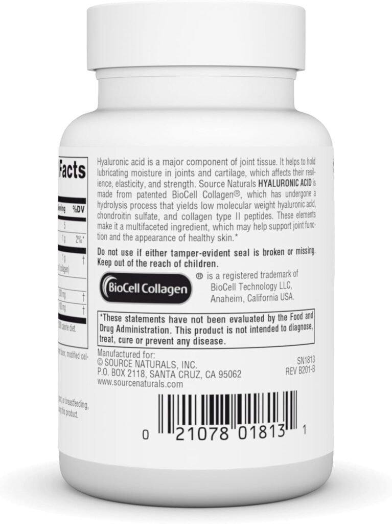 Source Naturals Hyaluronic Acid, Promotes Healthy Joints and Skin*, 100mg - 60 Tablets