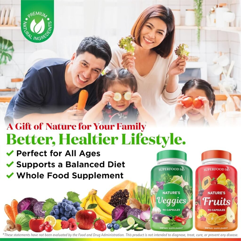 Superfood MD Fruits and Veggies Supplement - 90 Fruit and 90 Veggie Capsules - Supports Energy Levels, High Lycopene, Vitamins  Minerals -Made in The USA - 90 Count (Pack of 2)