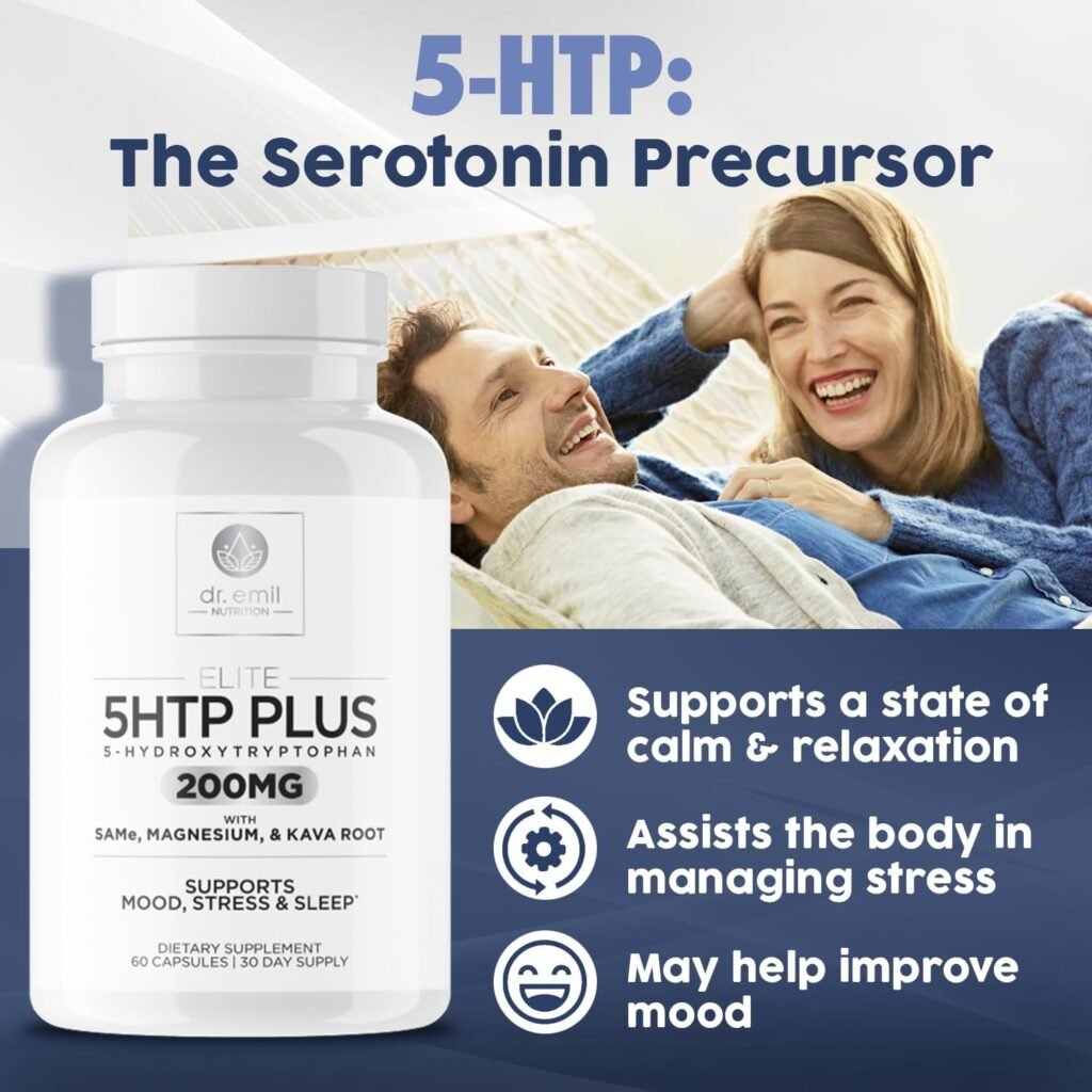 200 MG 5-HTP Elite with Kava Root Extract, Magnesium  SAM-e to Maintain Normal Healthy Sleep  Create a Sense of Wellbeing - 5HTP Supplement with Vitamin B6 - 60 Capsules, 30 Servings