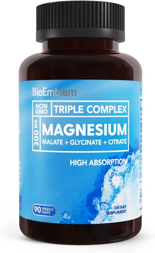 BioEmblem Triple Magnesium Complex | 300mg of Magnesium Glycinate, Malate,  Citrate for Muscles, Nerves,  Energy | High Absorption | Vegan, Non-GMO | 90 Capsules