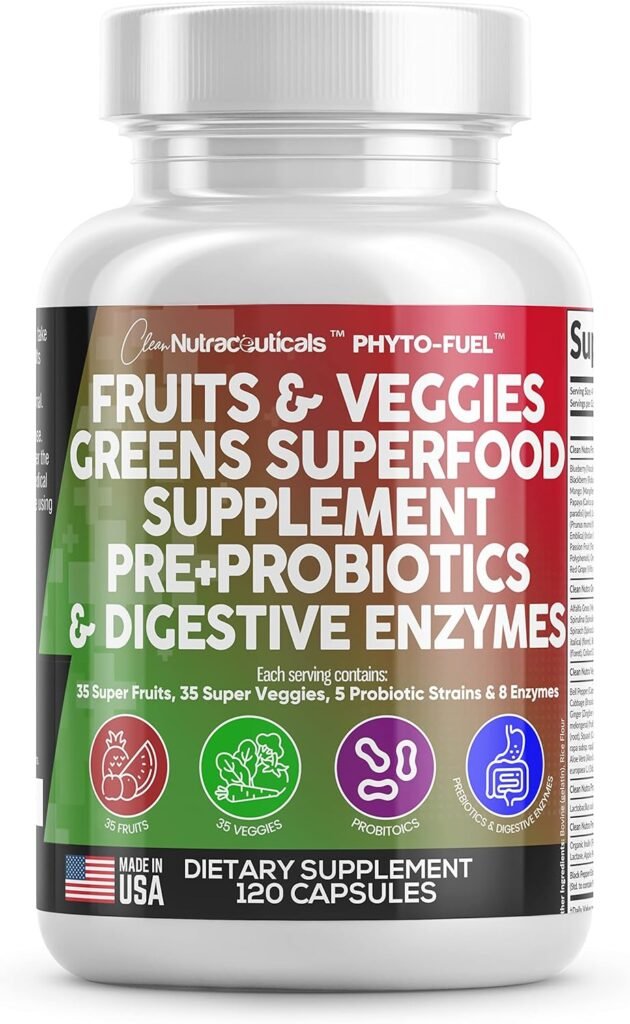 Clean Nutraceuticals Fruits and Veggies Supplement Reds  Green Superfood - Balance of Over 70 Fruit  Vegetable Supplements Capsules with Probiotics Prebiotics Digestive Enzymes - 120 Ct USA