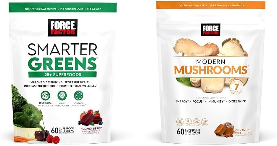 Force Factor Smarter Greens Superfood Chews, Greens and Superfoods with Probiotics  Modern Mushrooms Soft Chews, Mushroom Supplement with Lions Mane, Turkey Tail