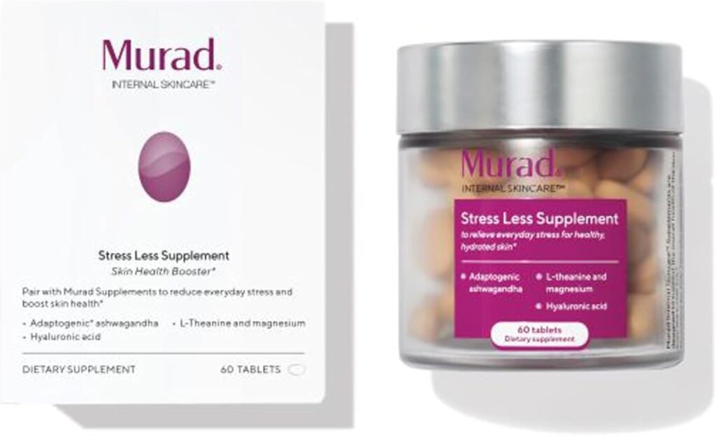 Murad Stress-Less Supplement - Supports Calm, Relaxation  Mental Clarity, Promotes Focus  Energy, with L-Theanine, Ashwagandha, Biotin  Hyaluronic Acid for Skin Hydration - 30-Day Supply, 60 pcs