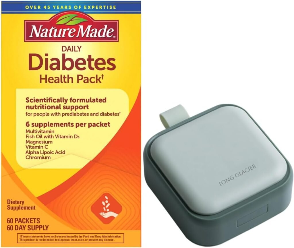 Nature Made Diabetes Health Pack, 60 Packets Bundle with LONG GLACIER Pill Oragnizer, Small Cute Pill Container for Medicine, Vitamins, Fish Oils, Supplement, Green