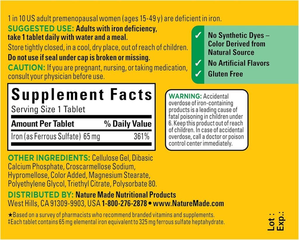 Nature Made Iron 65 mg (325 mg Ferrous Sulfate) Tablets, Dietary Supplement for Red Blood Cell Support, 180 Tablets, 180 Day Supply